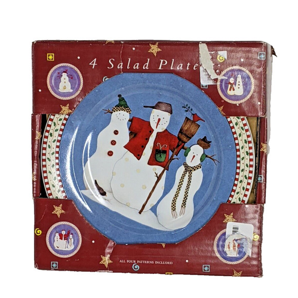 Sakura Debbie Mumm SNOWMAN Salad Dessert Lunch Plates Set of 4 NEW - Picture 8 of 8